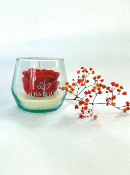 Petali di Luce | Vela Rosa Roja Eterna en Vidrio | Regalo Romántico y Decoración